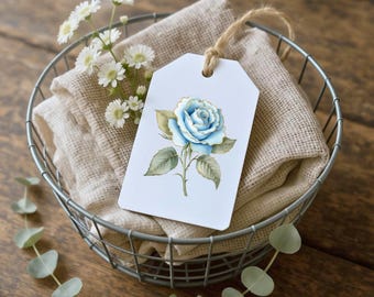 Blue Rose Gift Tag, Printable Floral Tag for Weddings, Spring Gifting, Baby Showers, Farmhouse Style Packaging, Elegant Garden Party Tags