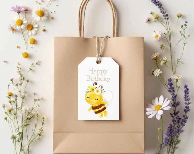 Cute Buzzing Bee Watercolor Birthday Gift Tag with 3 of Each Design, Printable Bee Birthday Tags for Kids Favors, Spring Party Gift Tags Set