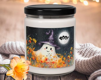 Halloween Ghost Scented Candle, Cute Watercolor Ghost Soy Candle,  Ghost in Orange Flowers Halloween Decor, Scented Halloween Candle for Her
