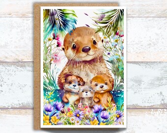 Otter Family in Tropical Sea Greeting Card, Watercolor Sealife Writing Cards, Cute Otter Mom and Babies Stationery, Otter Lover Note Cards