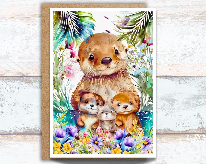 Otter Family in Tropical Sea Greeting Card, Watercolor Sealife Writing Cards, Cute Otter Mom and Babies Stationery, Otter Lover Note Cards