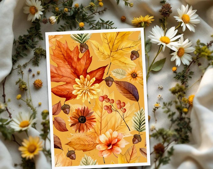Fall Botanical Watercolor Greeting Card - Autumn Leaves and Flowers Card