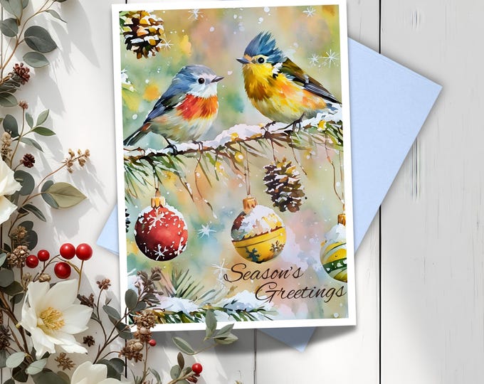 Watercolor Christmas Birds Card Set: Pine Branch & Gift Tag