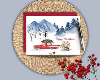 Santa Driving An Old Red Vintage Car Watercolor Christmas Card, 1950's Santa Cruising in Red Car Holiday Greeting Card, Minimalist Christmas