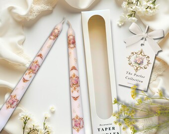 Floral Rococo Taper Candles, Vintage Taper Candle Set for Events & Gifts, Decorative 10”  Floral Candlesticks for Receptions and Weddings