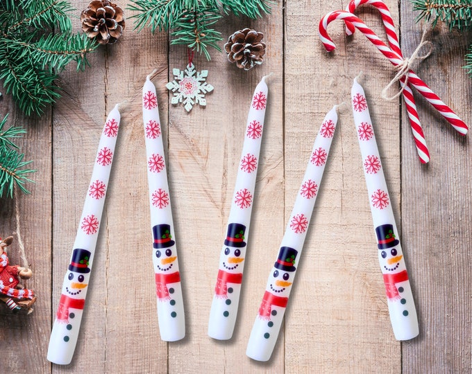 Snowman Taper Candles Set: Christmas Holiday Table Decor with Gift Box and Tag