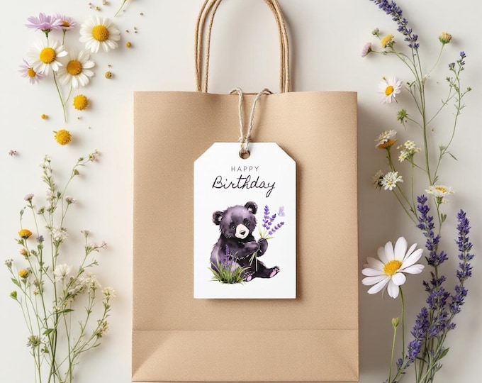 Lavender Bear Birthday Gift Tags Printable, Rustic Watercolor Bear Digital Tags, Cozy Cabin Birthday Gift Wrapping, Floral Purple Tag Favors