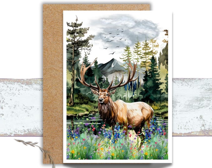 Elk in Nature Greeting Card,  Elk Writing Cards, Elk in the Forest Note Cards, Lover of Wildlife Greeting Card, Elk Lover Gift