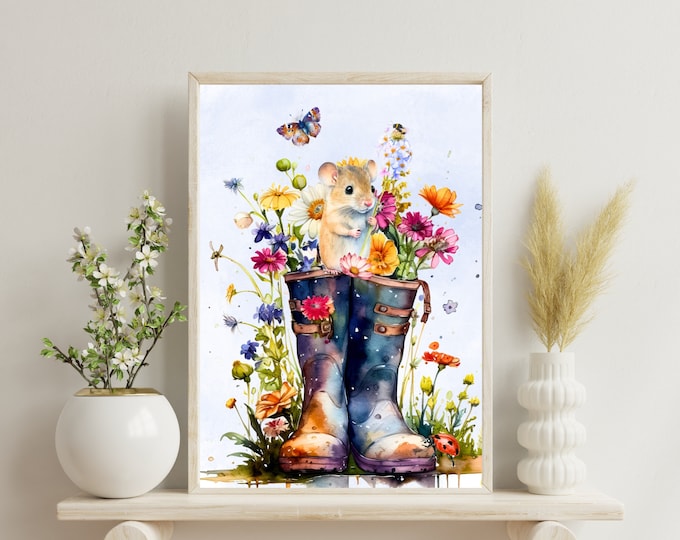 Rain Boot and Flowers Wall Art, Watercolor Floral Rain Boot, Rain Boot and Mouse Wall Decor, Spring Rain Boot Nursery Art, Cute Spring Decor