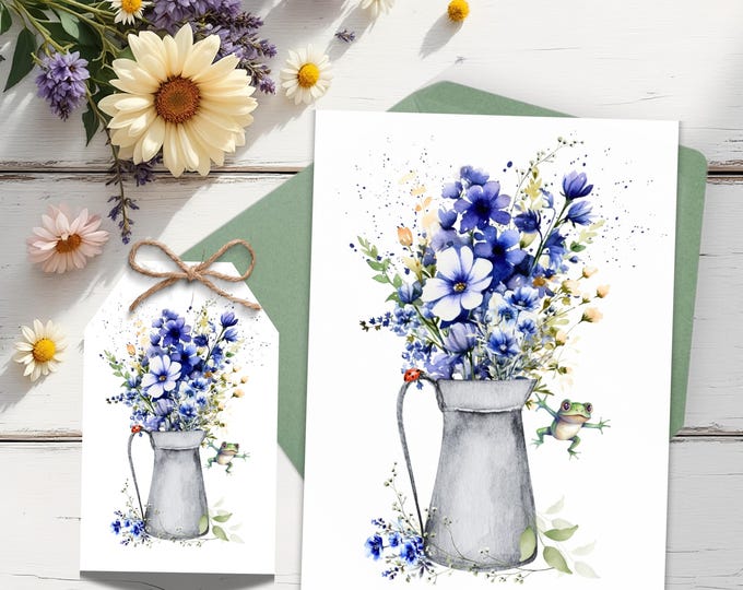 Watercolor Floral Watering Can Card & Tag Set: Cottagecore Frog Design