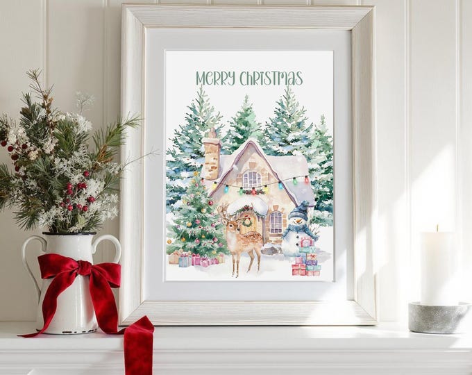 Merry Christmas art print with winter cottage, deer, and snowy evergreens - Whimsical Christmas Decor