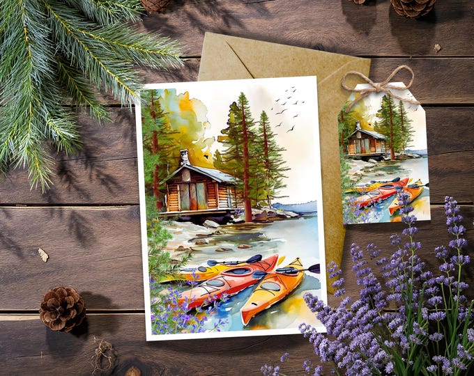 Watercolor Kayak Greeting Card: Rustic Lakeside Cabin Design