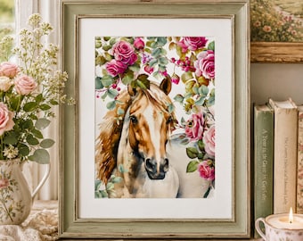 Watercolor Horse Art Print with Roses: Cottagecore Farmhouse Decor
