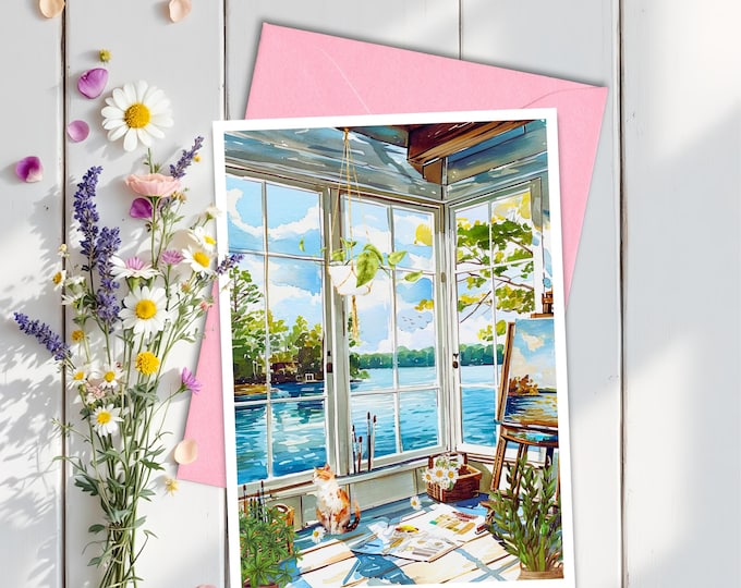 Watercolor Lakefront Art Studio Card: Cat & Craft Room - Any Occasion