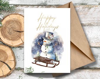 Elegant Snowman Holiday Card, Watercolor Snow Scene with Sled, Happy Holidays Winter Greeting, Vintage Snowman with Sled and Top Hat Card