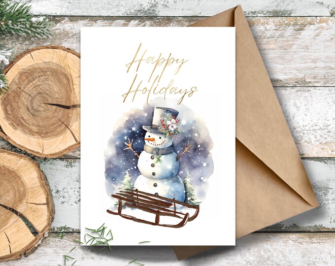 Elegant Snowman Holiday Card, Watercolor Snow Scene with Sled, Happy Holidays Winter Greeting, Vintage Snowman with Sled and Top Hat Card