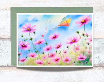 Daisies and Colorful Kite Watercolor Greeting Card, Kite Flying over a Field of Daisies Writing Cards, Whimsical Kite and Flowers Note Cards