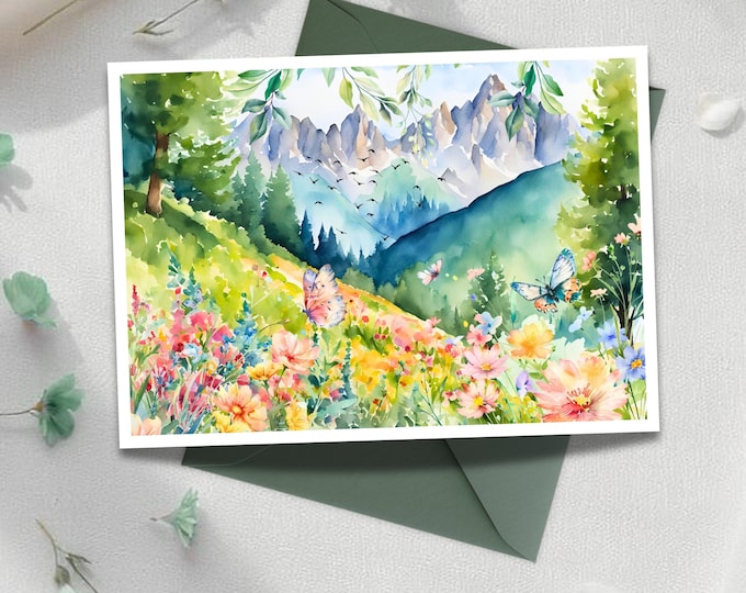 Watercolor Alpine Meadow Greeting Card: Wildflower & Butterfly Stationery