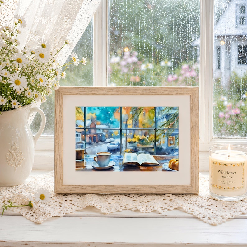 May include: A framed watercolor print depicting a cozy indoor scene with a coffee cup and an open book on a table, set against a rainy window view. The artwork is displayed in a light wood frame, accompanied by a white pitcher of daisies and a candle.