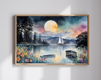 Moonlit Lakeside Wall Art with Sailboat and Wildflowers, Cottagecore Sailboat and Lake Scene Art Print, Calming Lake and Sailboat Artwork