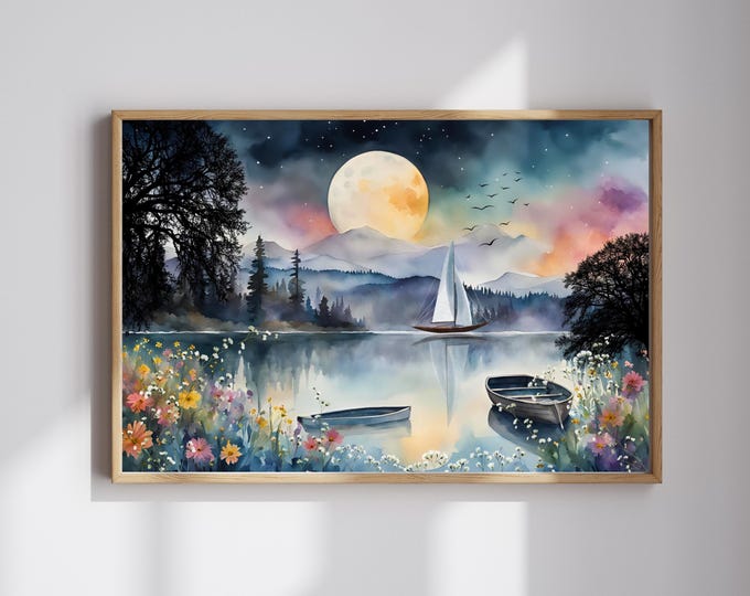 Moonlit Lakeside Wall Art with Sailboat and Wildflowers, Cottagecore Sailboat and Lake Scene Art Print, Calming Lake and Sailboat Artwork