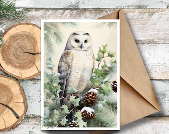 Winter Owl Greeting Card, Watercolor Owl Holiday Card, Vintage Winter Scene, Christmas Owl Stationery, Owl in the Snow Writing Card