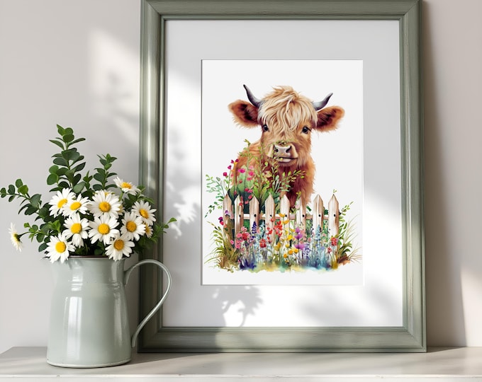 Highland Cow Watercolor Print: Cottage Garden Farmhouse Wall Art