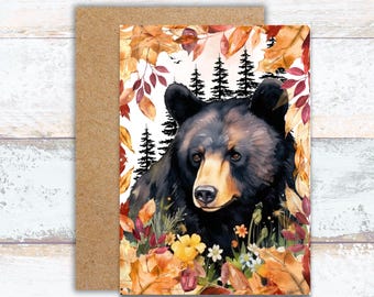 Black Bear in Fall Forest Card, Fall Foliage and Black Bear Watercolor Card, Handsome Bear Enjoying the Autumn Leaves, Bear in Nature Card