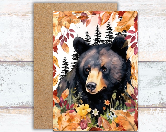 Black Bear in Fall Forest Card, Fall Foliage and Black Bear Watercolor Card, Handsome Bear Enjoying the Autumn Leaves, Bear in Nature Card