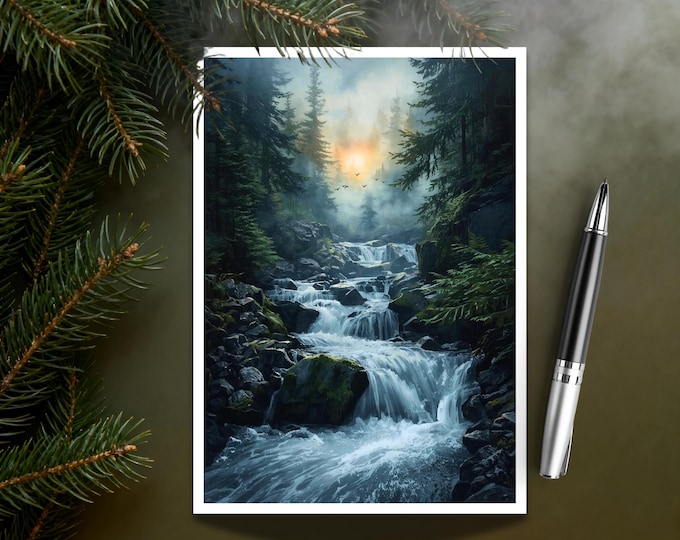Misty Waterfall Forest Greeting Card for Nature Lovers and Mountain Cabin Décor