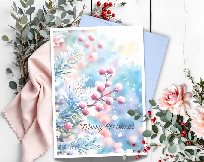 Watercolor Pine & Berry Christmas Card: Personalized Holiday Greeting, Optional Gift Tag