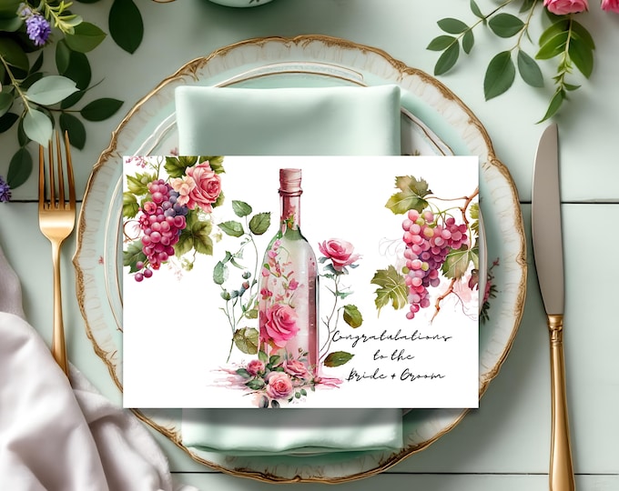 Congratulations to the Bride and Groom Watercolor Greeting Card: Floral Wine Wedding