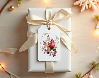 Red Cardinal Holiday Gift Tags Printable, Winter Watercolor Gift Tags with Pine and Florals, Digital Tags for Christmas Wrapping and Baskets