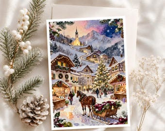 Bavarian Holiday Greeting Card: European Winter Market with Horse and Sleigh