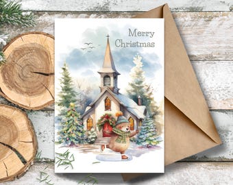Ice Skating Bear Christmas Card, Winter Chapel Watercolor Holiday Greeting, Merry Christmas Woodland Scene, Whimsical Bear Ice Skating Card