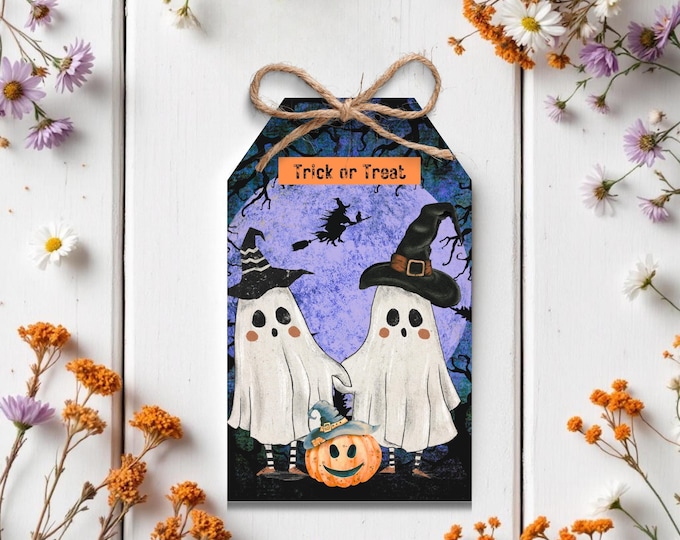 Printable Halloween Gift Tags – Cute Ghost Trick or Treat Tags with Purple Moon, Set of 10 Digital Tags for Kids' Halloween Party Favor Bags