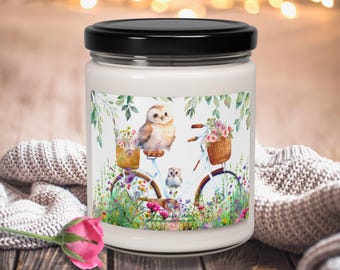 Owls on a Floral Bicycle Scented Candle, Watercolor Botanical Bicycle and Owls Soy Candle, Cute Owl Decor, Lover of Owls Gift, Wildflowers