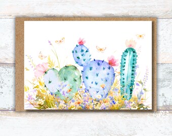 Succulent Garden Watercolor Greeting Card, Barrel Cactus Writing Cards, Wildflowers and Caci Note Card, Lover of Boho Cactus Stationery Her