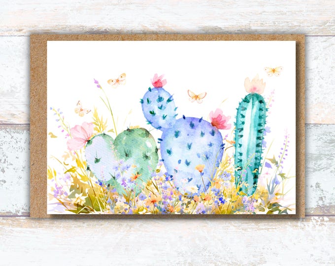 Succulent Garden Watercolor Greeting Card, Barrel Cactus Writing Cards, Wildflowers and Caci Note Card, Lover of Boho Cactus Stationery Her