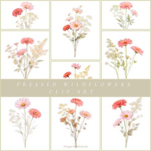 Ensemble pressé inspiré de fleurs sauvages bohèmes, clipart floral cottagecore beige neutre, fleurs pressées numériques pour scrapbooking et cartes