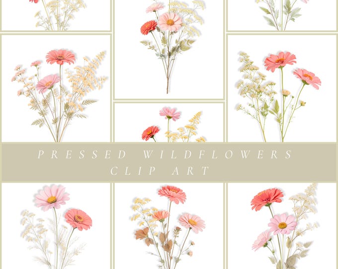 Pressed-Inspired Boho Wildflower Clip Art Set, Neutral Beige Cottagecore Floral PNGs, Digital Pressed Flowers for Scrapbooking and Cards
