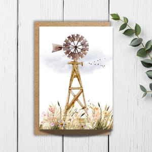 Windmill & Wildflower Watercolor Greeting Card: Rustic Country Note Card