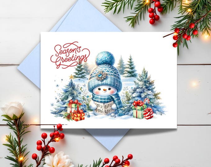 Season's Greetings Watercolor Snowman Christmas Card: Winter Wonderland Holiday Greeting
