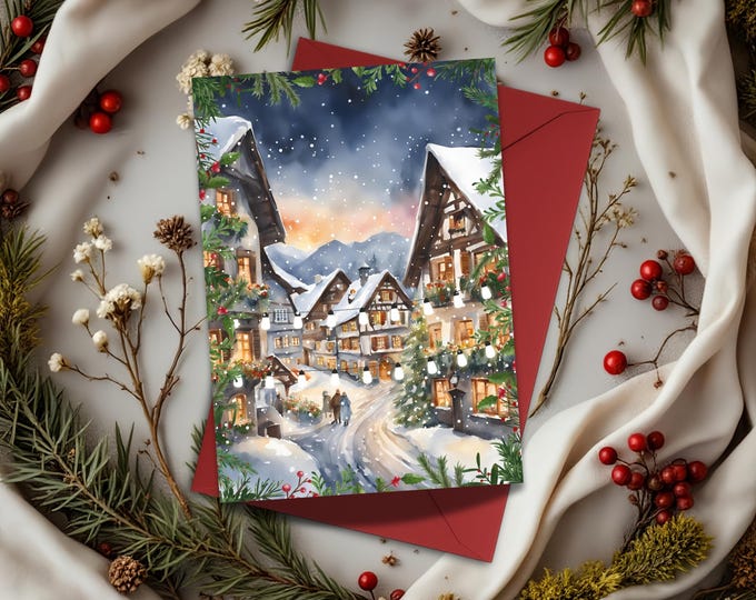 Bavarian Winter Village Watercolor Christmas Cards: Set of 4