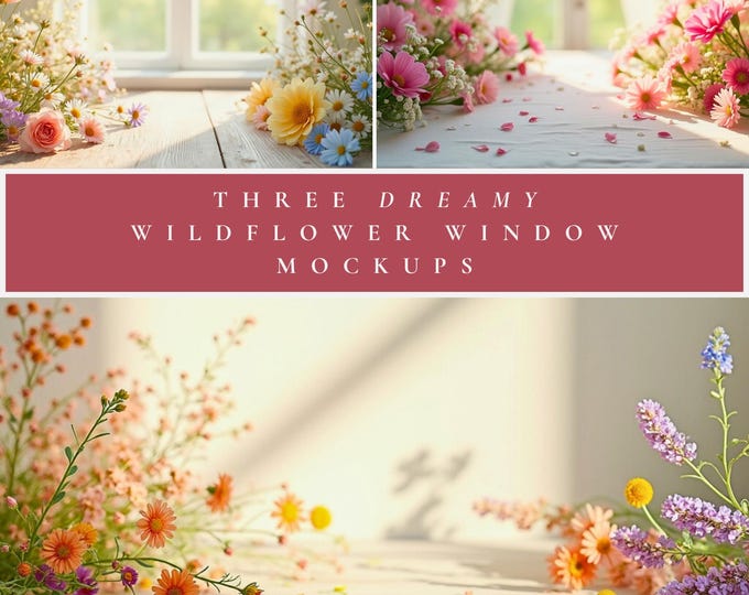 Three Dreamy Wildflower Mockups with Window Light, Summer Wildflower Photography Backdrops for Candles, Art Prints, Soap and Product Display