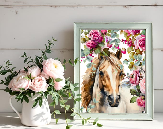 Watercolor Horse Art Print with Roses: Cottagecore Farmhouse Decor