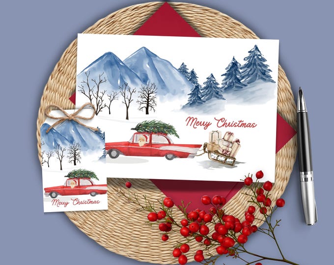 Santa Driving An Old Red Vintage Car Watercolor Christmas Card, 1950's Santa Cruising in Red Car Holiday Greeting Card, Minimalist Christmas