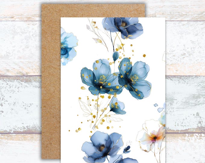Blue Floral Greeting Card, Blue and Gold Flowers Writing Card, Blue Botanical Note Card, Pretty Blue Floral Stationery, Watercolor Flowers