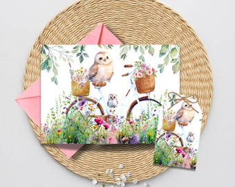 Owls on a Bicycle Card & Gift Tag Set, Watercolor Bicycle with Wildflowers, Card for Garden Gifts, Spring, Baby Shower, Birthday Gift Tags