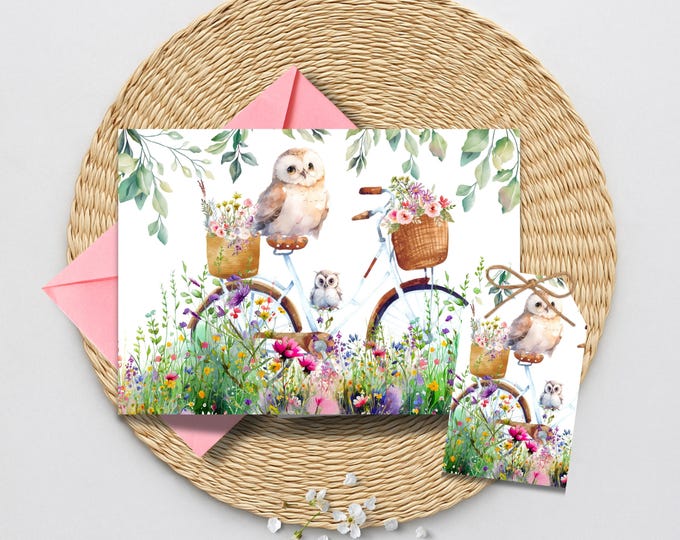 Owls on a Bicycle Card & Gift Tag Set, Watercolor Bicycle with Wildflowers, Card for Garden Gifts, Spring, Baby Shower, Birthday Gift Tags